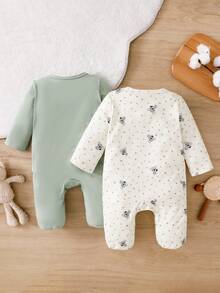 SHEIN 2pcs/Set Newborn Baby Boys Cute Koala Polka Dot Print Long Sleeve Romper Outfit