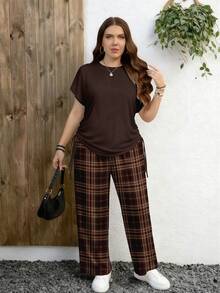 EMERY ROSE Conjunto casual minimalista de 2 piezas con estampado de cuadros retro y estampado de leopardo, adecuado para festivales de música - Multicolor - Ver 3