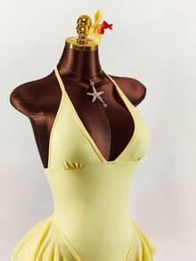 Amplova 2026 New V-Neck Backless Cinched Waist A-Line Bodysuit - Pale Yellow - View 5