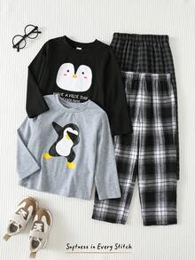 Cozy Pixies 4pcs/Set Young Boy Cartoon Penguin Pattern Knit Soft Crew Neck Long Sleeve Pullover Top & Plaid Pants Kids Loungewear Cute Pjs For Kids Kids Sleepwear Boy Pajama Sets Kids Clothes Set - Multicolor - View 3