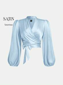 SHEIN MOD Plus Size Women's Black Wrap-Style Tie Bow Lantern Sleeve Shirt Silk Blouse Wrap Tops For Women Baby Blue Top Women Light Blue Top Light Blue Blouse - Baby Blue - View 5