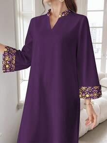 SHEIN Najma Women's Floral & Plant Faux Sequin Digital Print V-Neck Long Sleeve Elegant Arabic Style Maxi Dress, Spring - Multicolor - View 3