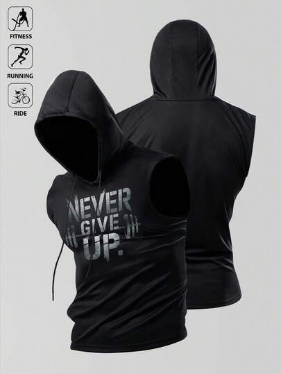 Manfinity Sport Polished Men's Slogan Print Drawstring Hooded Sports Tank Top Gym Tops Men Hooded Tank Top Sleeveless Hoodie Men Gym Tops Pack Workout Hoodie