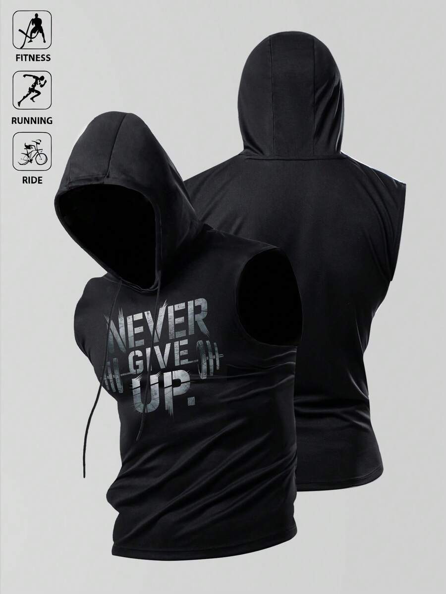 Manfinity Sport Polished 男士标语印花抽绳连帽运动背心 - 黑色 - 查看 1