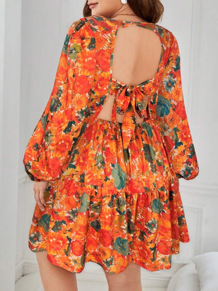 SHEIN VCAY Vestido de moda con estampado floral, diseño de retorcido y mangas farol para mujer de talla grande - Multicolor - Añade 1