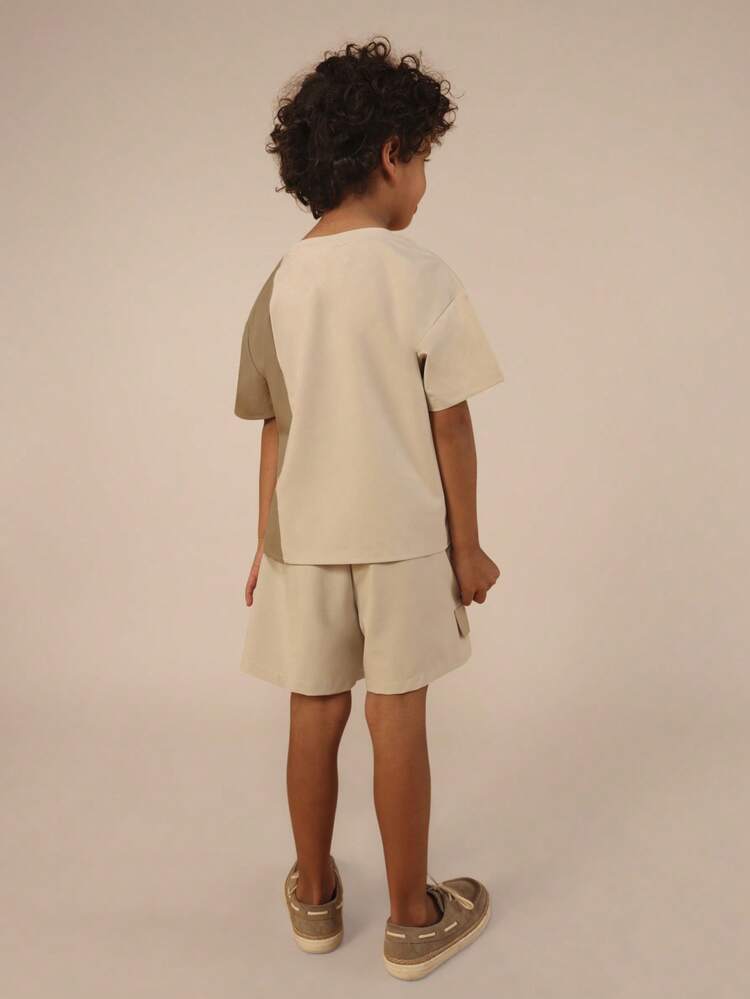 Crew Neck Tee And Shorts Set With Color Block