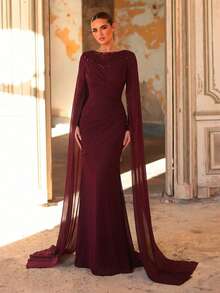 Aureia Đầm dạ hội dài tay màu đỏ sẫm sang trọng, lãng mạn, đính sequin và vải chiffon, kiểu đuôi cá, tay áo bồng bềnh, thích hợp cho khách dự đám cưới, lễ hội, tiệc sinh nhật, lễ cưới, tiệc tối trang trọng. - Đỏ - Xem 4