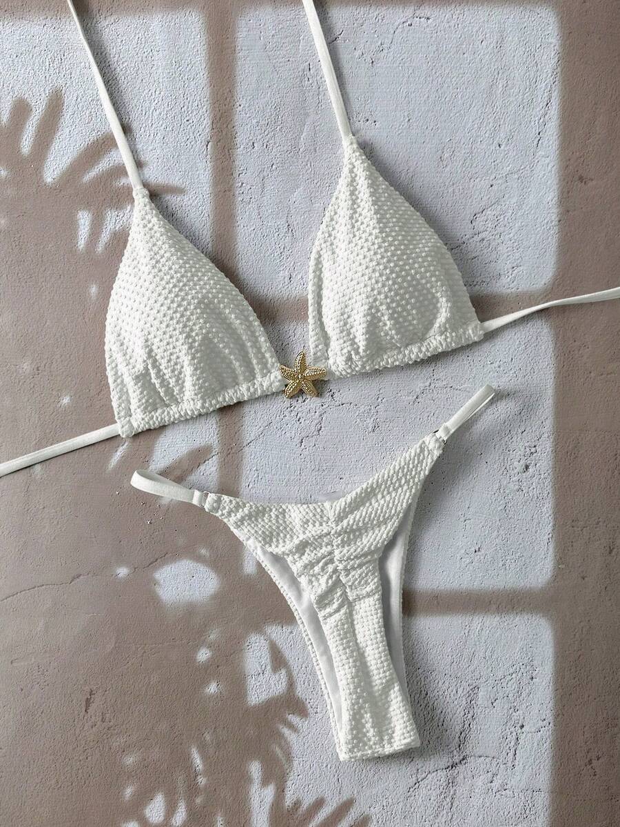Swim Mod 2pcs/Set Summer Beach Vacation Solid Textured Fabric Golden Starfish Decor Halter Bikini Set Sexy Swimwear Cream Bikini Seashell Bikini Triangl Bikini Textured Bikini Sea Shell Bikini White Bikini Starfish Bikini - White - View 1