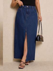 Elaquor Plus-Size Raw Denim Mini Skirt, High-Waisted, Long Skirt With Front Slit,Everyday Casual Outfits,Spring Outfit - Dark Wash - View 6