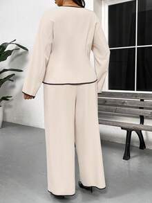 SHEIN Frenchy Casual Multicolor V Neck Wrap Blouse And Long Wide Leg Pants Set For Women Woven Fabric Co-Ords - Multicolor - View 2
