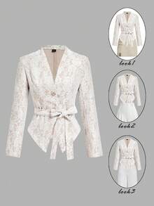 SHEIN MOD V领系带蕾丝西装外套 – 复古宫廷风格，尽显贵族气质；适合工作、返校、约会、派对、节日和生日等场合。蕾丝外套，女士西装套装，女士外套，职业装，女士套装，情人节礼物。 - 卡其色 - 查看 1