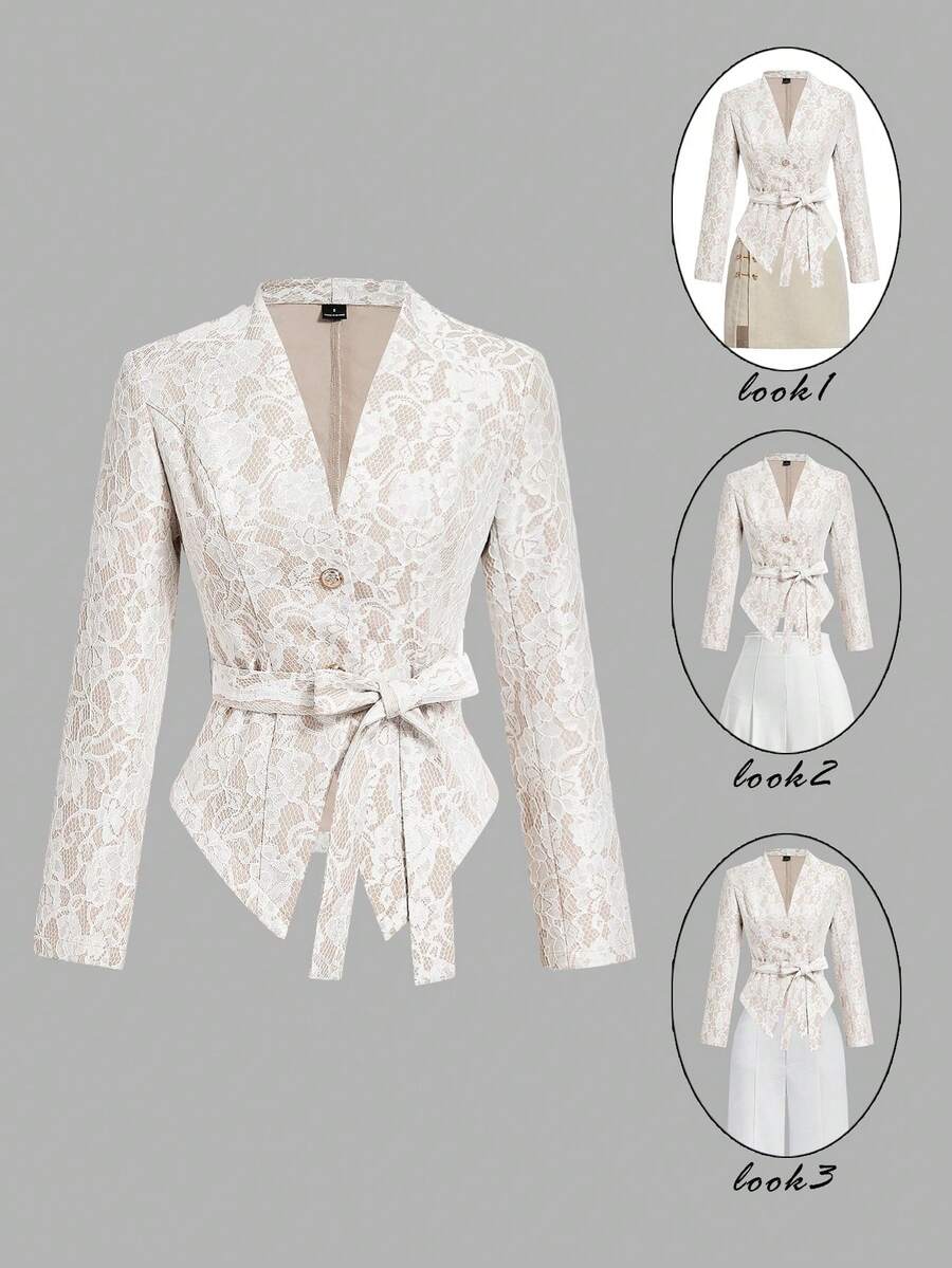 SHEIN MOD V领系带蕾丝西装外套 – 复古宫廷风格，尽显贵族气质；适合工作、返校、约会、派对、节日和生日等场合。蕾丝外套，女士西装套装，女士外套，职业装，女士套装，情人节礼物。 - 卡其色 - 查看 1