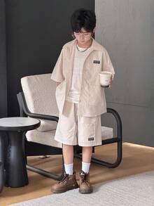 两件套男童休闲韩版短袖衬衫短裤套装，适合通勤、上学、日常休闲穿着、运动、春夏穿着。 - 杏色 - 查看 7