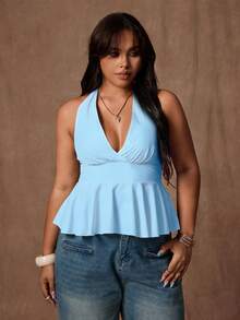 Rustia Camiseta sin mangas casual con cuello halter y volantes en el bajo para mujer de talla grande de unicolor - Celeste - Ver 5