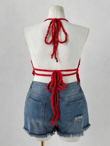 Sunspun Y2K 美式朋克风性感细肩带系带背心（女款） - 紅色 - 查看 2