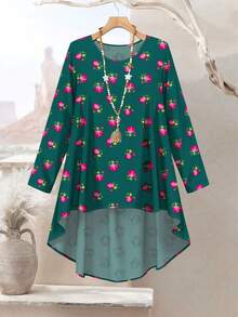 Lacomfia 女士加大码小碎花植物数码印花绿色春季时尚圆领长袖前短后长下摆宽松上衣和裤子两件套 - 彩色 - 查看 4