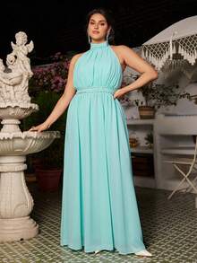 VOLUPTÉ CURVE Plus Size Light Blue Summer Elegant Wedding Guest Chiffon High Neck Sleeveless Waist-Cinching Rhinestone Long Dress For Vacation,Evening Dinner,Brunch - Mint Green - View 5