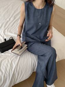 DAZY 2件套女士纯色无袖休闲背心，简约风格，适合日常穿着，夏季家居服套装