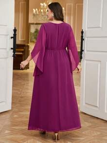 Reflora Đầm midi ngắn tay xếp ly màu trơn dành cho nữ cỡ lớn, thanh lịch - Màu đỏ tím - Xem 8