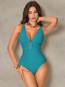 Shapewave 1pc Women's Solid Color Sexy Fashion Deep V Backless Adjustable Strap Metal Decor One-Piece Swimsuit, Spring/Summer Turquoise Bathing Suit Teal Swimsuit Women's Swimsuit One Piece Bathing Suit One Piece Tummy Control Swimsuit - Teal Blue - View 6
