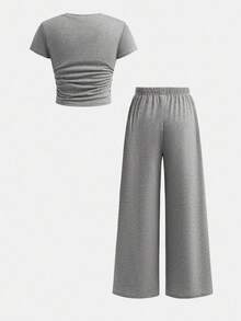 SHEIN Tween Girls Bow Print T-Shirt & Leggings 2 Pieces Set, Casual Everyday Fashion Versatile Summer Outfits - Grey - View 11