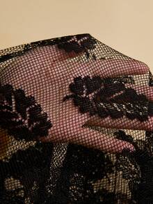 Vesra Women's Vacation Plant Print Mesh Belted Kimono Cover Up - Black - View 7