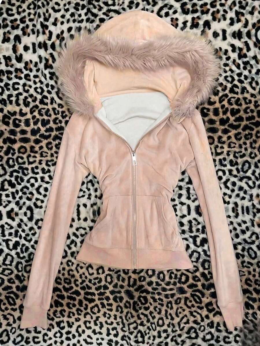 Glimmora Áo nỉ nữ tay dài màu trơn có mũ trùm đầu, khóa kéo phía trước và dây rút - Hồng - Xem 1