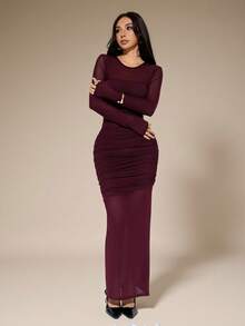 SHEIN PETITE Women's Elegant Burgundy Autumn Evening Dress,Solid Color Round Neck Long Sleeve Pleated Mesh Slim Fit Tight Long Formal Dress For Birthday Party ,Petite Women - Burgundy - View 11