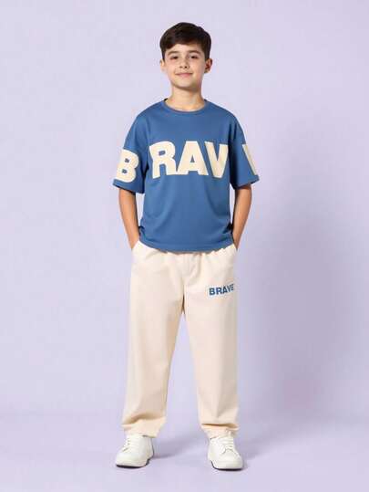 SHEIN 2pcs/Set Teen Boys Casual College Style Blue Casual Minimalist Letter Print Crew Neck Pullover Outfit, Suitable For Summer, Sports, Running, Outdoor, Suitable For School, Home, Daily Wear, Sports, Versatile & Minimalist Teen Boys Cotton Sets Boy Casual Sets Boy 2 Piece Set Boys Pajama Set Teens Boy Summer Sets