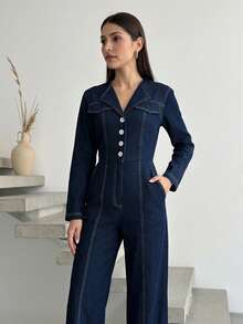 Modelyn Women's Front Button Long Sleeve Jumpsuit, Navy Blue - Blue - View 5
