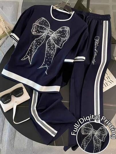 Franclia Regular Fit Crew Neck Short Sleeve T-Shirt + Straight Leg Pants With Slant Pockets