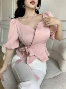 Celisse Women's Elegant Keyhole Neck Bubble Sleeve Blouse With Faux Pearl Decor, Tie Waist, Suitable For Summer, Dates, Valentine's Day - Pink - View 6