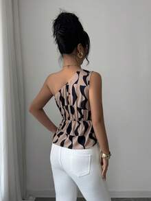 Elenzga Women's New Summer Asymmetric Shoulder Tank Top (Printed Irregular Cut), Sexy One Shoulder Geometric Print Fitted Blouse, Suitable For Dates, Commuting, Parties, Afternoon Tea - Khaki - View 2