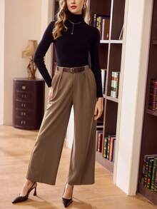 Vintamour 复古经典优雅女士长裤，修身腰带，咖啡色，带口袋，秋冬款 - 咖啡棕 - 查看 6