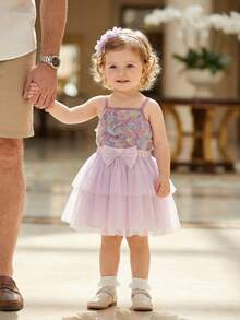 SHEIN Baby's Summer Versatile Chic Rose Floral Camisole Top And Purple Mesh Mini Skirt Set - Purple - View 12