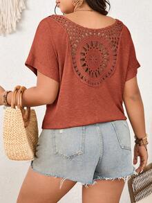 SHEIN Frenchy 大码女式V领T恤，后背饰有向日葵蕾丝拼接图案。 - 橘色 - 查看 1