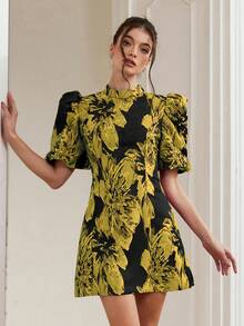 Revavyn 时尚高端撞色设计，黑色底色搭配紫红色提花面料，优雅法式贵族风格，泡泡袖收腰简约女式短袖迷你连衣裙 - 黃色 - 查看 3