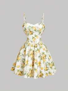 SHEIN MOD فستان بحمالات رفيعة باللون الأصفر مع ربطة عنق على الظهر بطبعة زهور الليمون الرومانسية للسيدات - متعدد الألوان - مشاهدة 5
