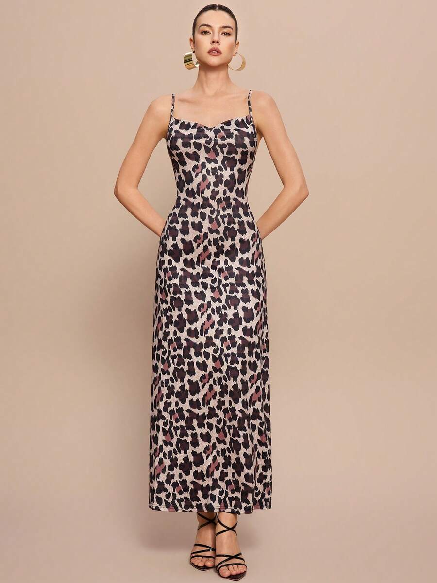 豹纹吊带长裙女装 - 卡其色 - 查看 1
