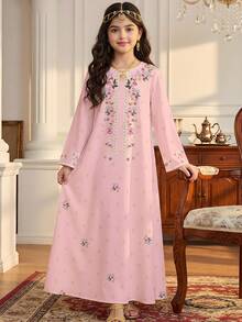 粉色碎花儿童长袍，优雅复古碎花刺绣少女休闲端庄传统长袖阿拉伯连衣裙，适合春夏穿着，优雅端庄长袖连衣裙，祈祷长袍，舒适休闲，休闲装，度假风，端庄长袍，儿童长袍，少女长袍 - 白色 - 查看 4