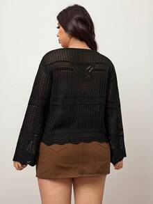 Enliva Cardigan Wanita Lengan Panjang Pendek Longgar dengan Ikat Depan Rajutan Ukuran Plus untuk Liburan, Cocok untuk Musim Dingin dan Gugur, Sedikit Transparan, untuk Bentuk Tubuh Apel & Bulat - Hitam - View 2