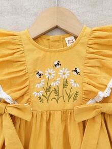 Cozy Pixies Baby Girl Floral Print Round Neck Cap Sleeve Waist Dress - Yellow - View 4