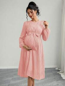 Momance Vestido de maternidad elegante para el Día de San Valentín/Primavera, vestido de fiesta de boda de maternidad con textura de jacquard rosa - Rosa - Ver 3