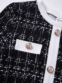 SHEIN Teenager Mädchen Kleid mit Karomuster, weißem Kontrastbesatz, Metallschnallen-Dekor, elegantem Kurzarm A-Linie, Herbstkleid, kariertes Midi, schwarzer Tweed - Schwarz - Übersicht 9