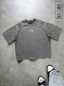 ROMWE MEN 男士做旧水洗宽松短袖T恤 - 灰色 - 查看 1