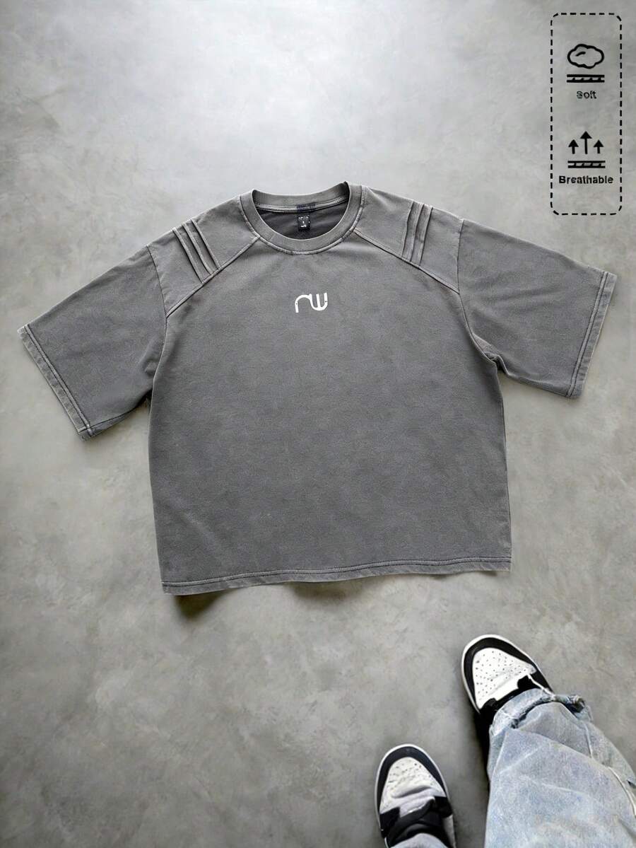 ROMWE MEN 男士做旧水洗宽松短袖T恤 - 灰色 - 查看 1