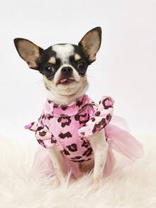 PETSIN 1pc Velvet Leopard Splice Tulle Ruffle Collar Dog Dress For Dogs, Fashion Pet Apparel