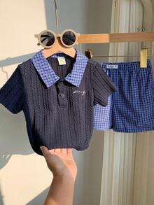 SHEIN 2pcs Newborn Baby Boy Summer Cute Preppy Style Navy Short Sleeve Polo Shirt And Elastic Waist Plaid Shorts Set, Suitable For Birthday Party, Rave, Evening Party, Performance, Wedding, One Month Celebration, Baptism And First Birthday Boys Vacation Outfit Sets Baby Boy Shirt And Short Set Boy Summer Sets - Multicolor - View 3