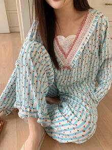Dazy Plus 2pcs/Set Casual Cute Strawberry Print & Contrast Lace Sleepwear Set For Girls - Blue - View 1