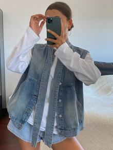 DAZY Women's Loose Denim Vest With Strap Design - Blue - View 3